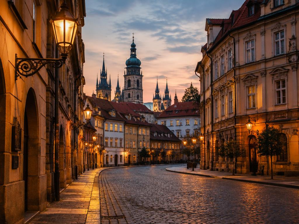 Representative photograph of a historic city street at dusk