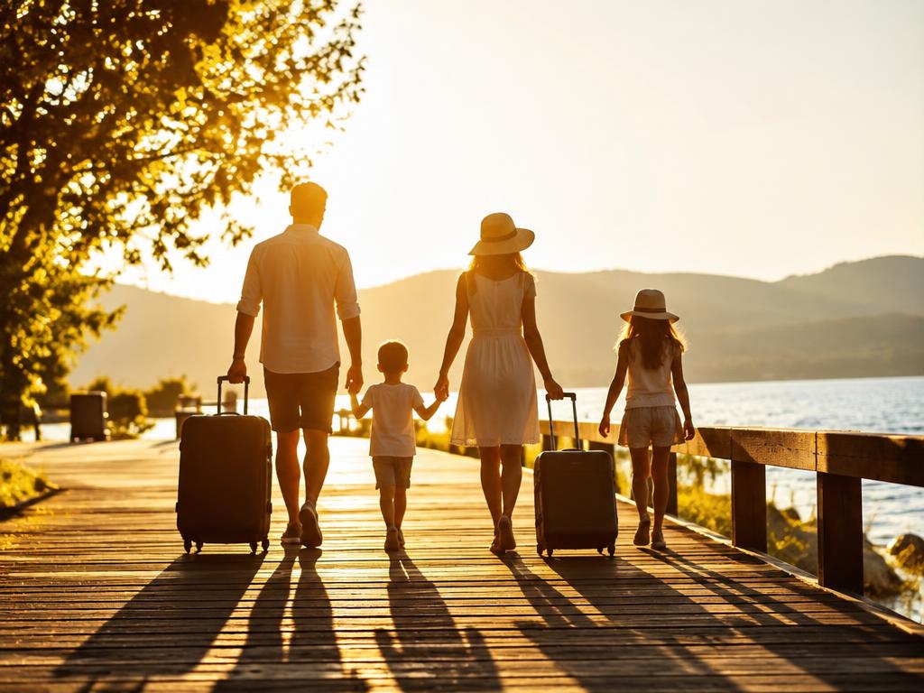 Representative photograph of a family walking with suitcases along a boardwalk
