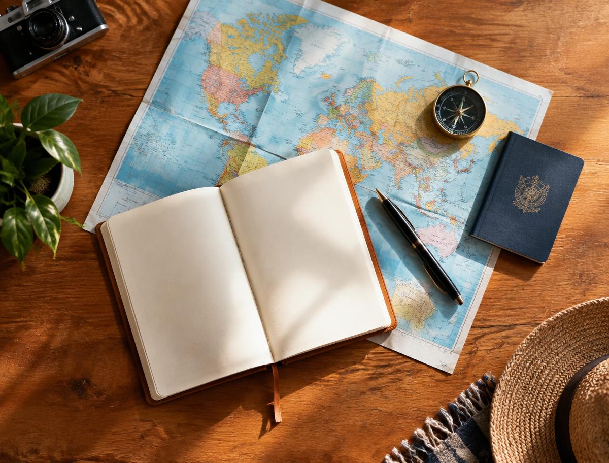 Representative photograph of a travel planning desk with a notebook, map and compass